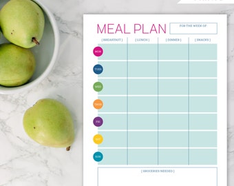 Healthy Meal Menu Weekly Planner Printable - Grocery List - Instant Digital Download