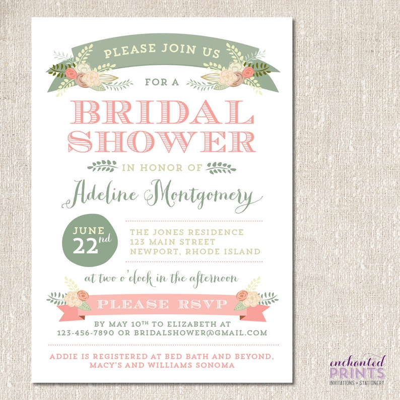 Printable or Printed Invitations Bridal Shower or Rehearsal Dinner Invitation Rustic Wedding Floral