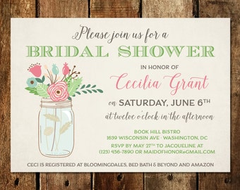 Mason Jar Bridal Shower Invitations - Rustic, Pink Floral Spring or Summer Themed Design  - Bridal Shower Printed Invitations