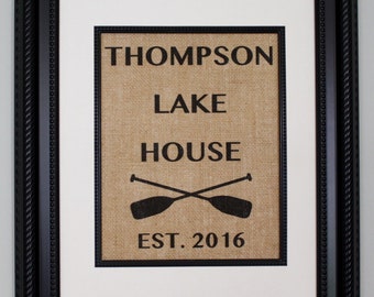 Personalized Lake House Burlap Print, Housewarming Gift with Family Name and Year Established