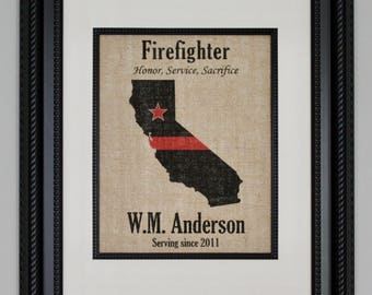 FIREFIGHTER Gift Thin Red Line across ANY US State - Personalized - Fire Department -  Home Decor on Burlap