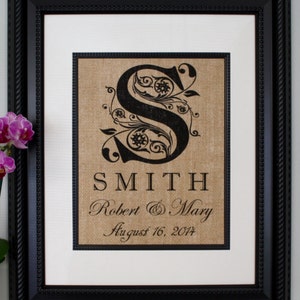 Personalized Anniversary Gift for Him or Her, Wedding Gift, Engagement Gift, Burlap Sign with Family Name and Date Established image 1