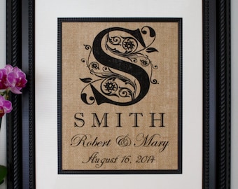 Personalized Anniversary Gift for Him or Her, Wedding Gift, Engagement Gift, Burlap Sign with Family Name and Date Established