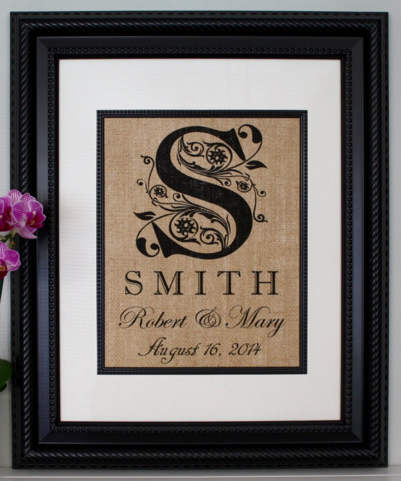 Personalized Anniversary Gift for Him or Her, Wedding Gift, Engagement Gift, Burlap Sign with Family Name and Date Established image 1