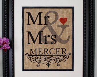 Personalized Burlap Wedding Print, Burlap Wall Art, Burlap Sign, Wedding Gift, Mr. & Mrs.