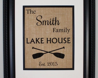 Personalized Lake House Burlap Print, Housewarming Gift with Family Name and Year Established, Gift for Couple
