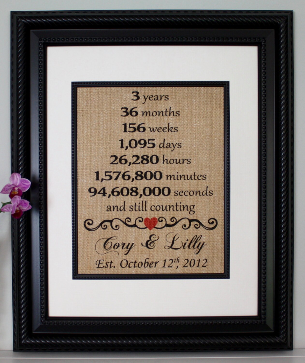 TOBOHU 3 Years of Love Burlap Print with Frame, Gifts for Husband Wife 3rd  Wedding Anniversary, Gifts for Him Her 3 Years Anniversary, Couples 3rd