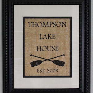 Personalized Lake House Burlap Print, Housewarming Gift with Family Name and Year Established