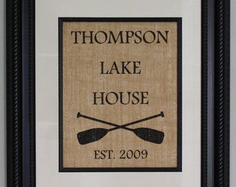 Personalized Lake House Burlap Print, Housewarming Gift with Family Name and Year Established