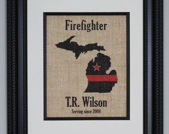 FIREFIGHTER Gift Thin Red Line across ANY US State - Personalized - Fire Department -  Home Decor on Burlap