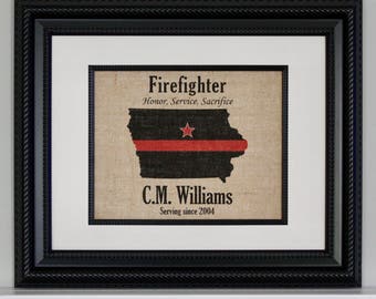 FIREFIGHTER Gift Thin Red Line across ANY US State - Personalized - Fire Department -  Home Decor on Burlap