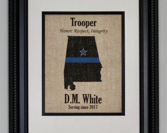 State Trooper Deputy Retirement Gift For Men Women - Thin Blue Line Flag - Personalized on Burlap For Home Office - Customized