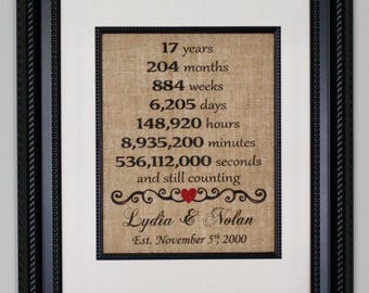 17th Anniversary Gift for Him or Her, Seventeenth Year Married, 17th Anniversary, Burlap Print, Burlap Sign, Personalized Anniversary