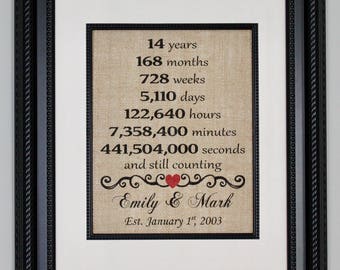 14th Anniversary for Him or Her, Fourteenth Year Married Anniversary, Fourteen Year Anniversary, Print, Burlap Sign, Personalized