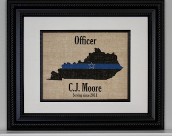 POLICE Officer Gift for Men or Women Thin Blue Line across ANY US State - Personalized - Deputy, State Trooper - Home Decor on Burlap