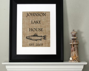 Personalized Lake House Burlap Print, Housewarming Gift , Burlap Sign with Family Name and Year Established