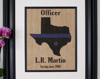 State Trooper Deputy Graduation or Retirement Gift for Men or Women Thin Blue Line across ANY US State - Personalized on Burlap