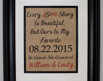 Personalized Burlap Print, Our Love Story, Wedding Gift, Anniversary Gift, Engagement Gift Burlap Wedding, Burlap Sign with Date of Wedding