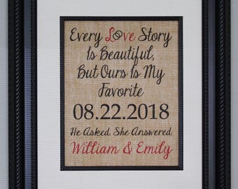 Personalized Burlap Print, Wedding Gift, Anniversary Gift, Engagement Gift Burlap Wedding Love Story Quote, Burlap Sign with Date of Wedding