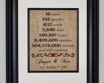 16th Anniversary Gift for Him or Her, Sixteenth Year Married, 16th Anniversary Couple, Burlap Print, Burlap Sign, Personalized Anniversary