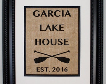 Personalized Lake House Burlap Print, Housewarming Gift with Family Name and Year Established