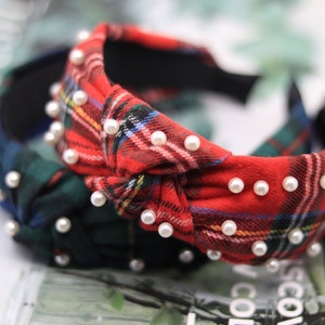 Rhinestone Tartan Alice Band Red Christmas Knot Headband Women Scrunch Green Hair Band Plaid Knotted Hairband Pearl Plaid Headband Holiday