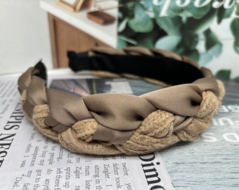 Beige Velvet Braided Headband: Wide Woven Plait Hairband