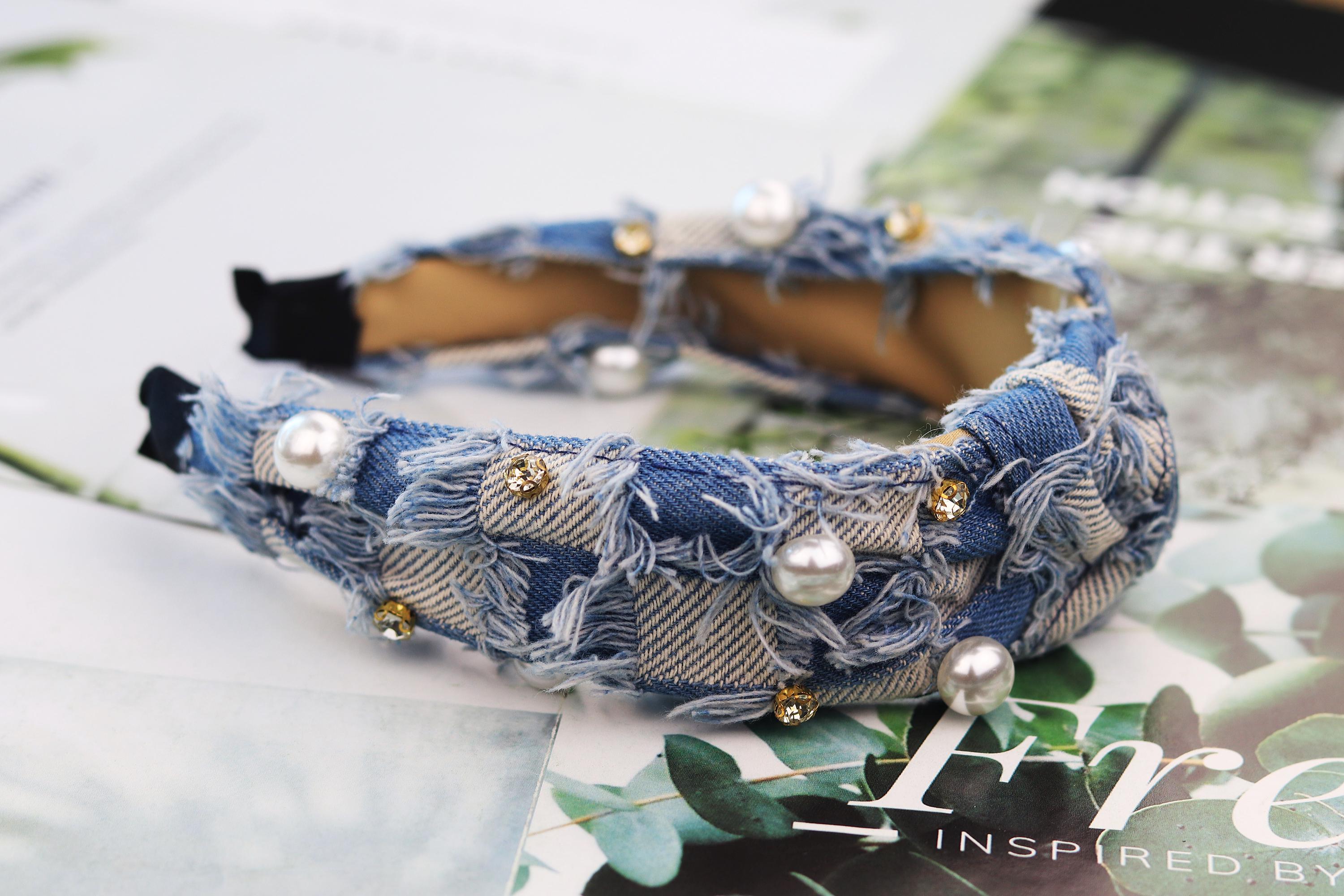 Handmade Denim Hair Band | Perfect Condition Twine and Love | Strawberry Denim Beaded Knot Headband  main image 3