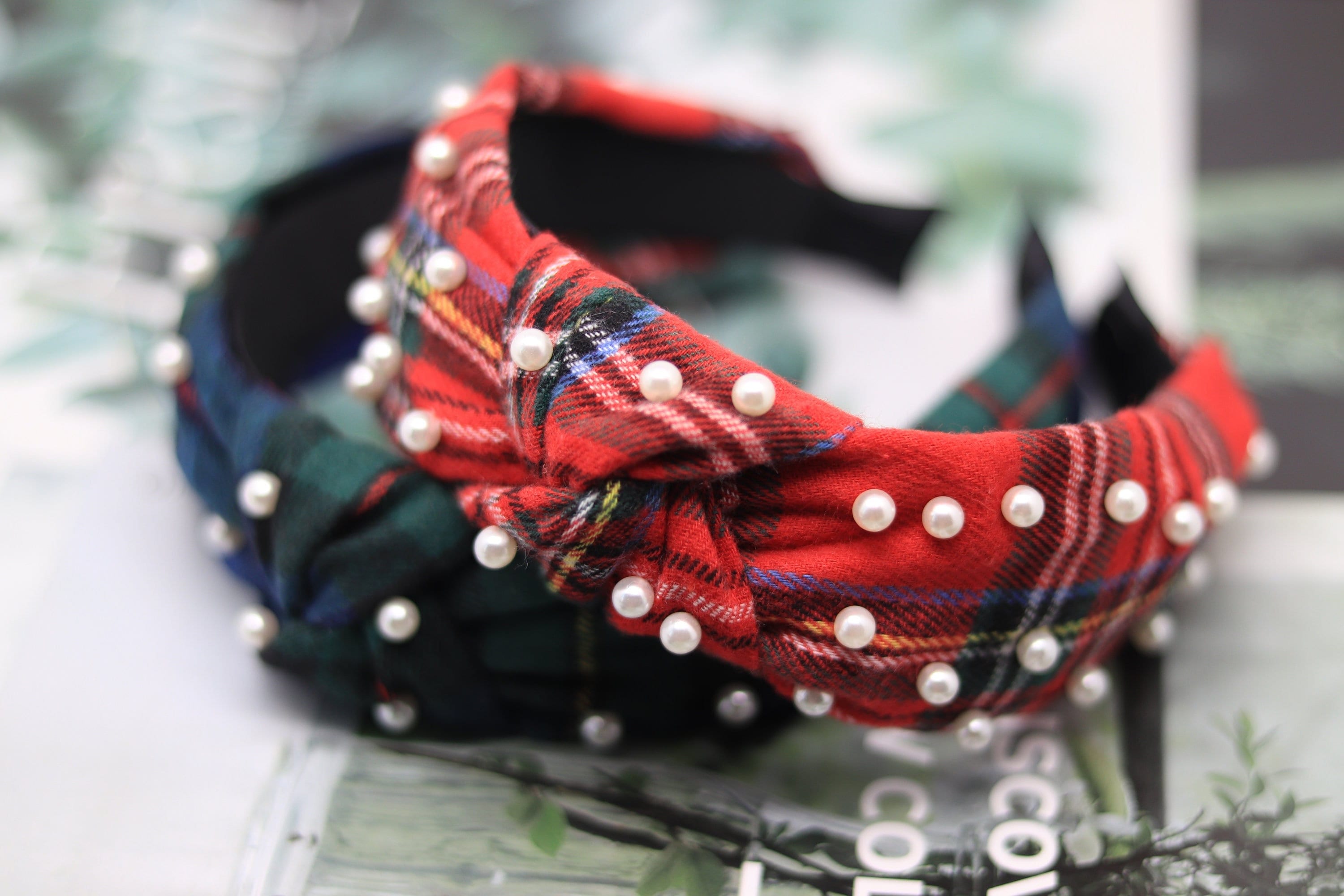 Green Plaid Knot Pearl Holiday Tartan Stripes Christmas Socks Headband Headpiece Knot Tartan Headband Pearls - Etsy main image 2