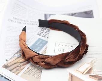 Coffee Brown Velvet Braid Headband: Wide Woven Plait Alice Band