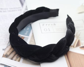 Black Velvet Braided Headband: Wide Woven Hair Accessory