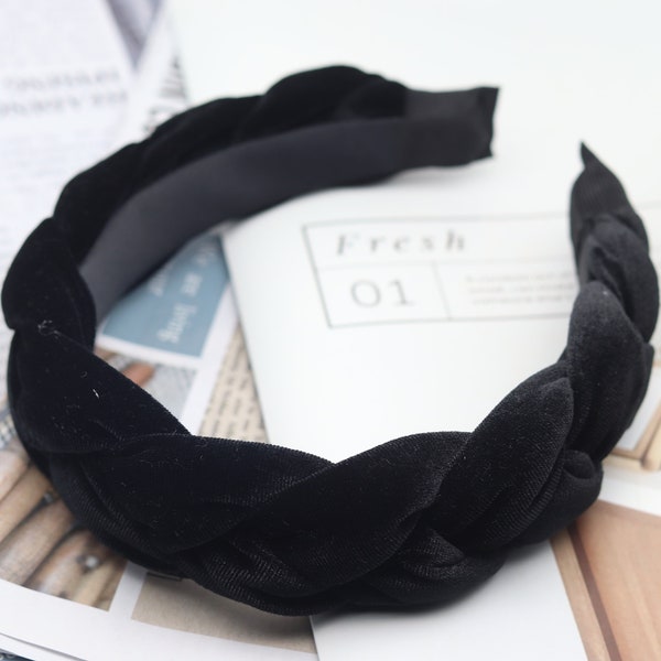 Black Velvet Headband, Scrunch Braid Headband, Wide Plait Weave Hairband, Women & Girls Woven Headband Alice Head Band Hair Accessory