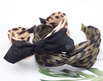 Leopard Print Wide Fabric Headband Women Knot Bow Headband Knotted Hairband Girls Silk Headband Aliceband Hair Wrap Band for Woman