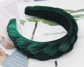 Braided Velvet Headband: Blackish Green Woven Plait Hairband