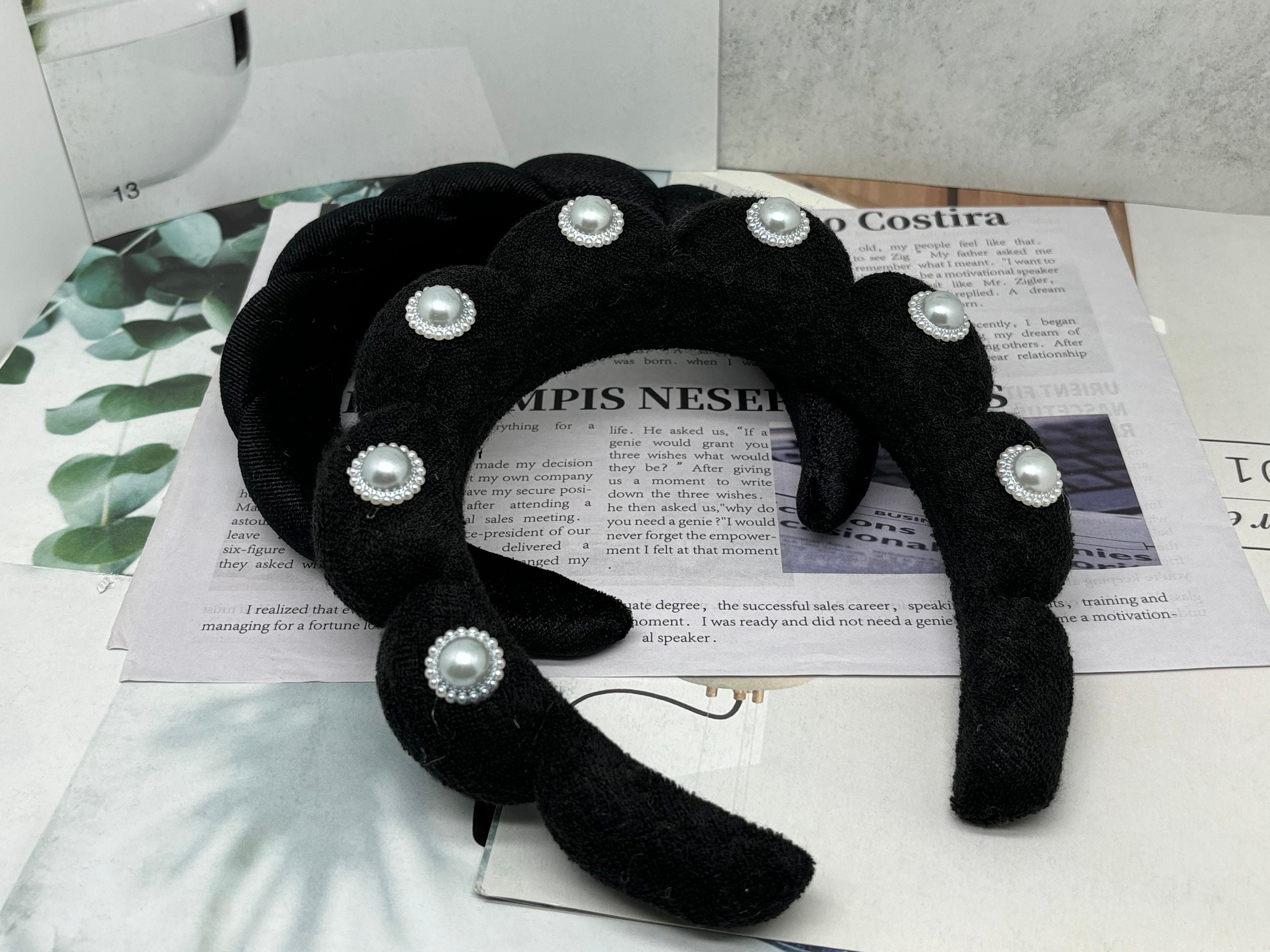 Velvet Padded Headband: Black Hairband With Pearls - Etsy