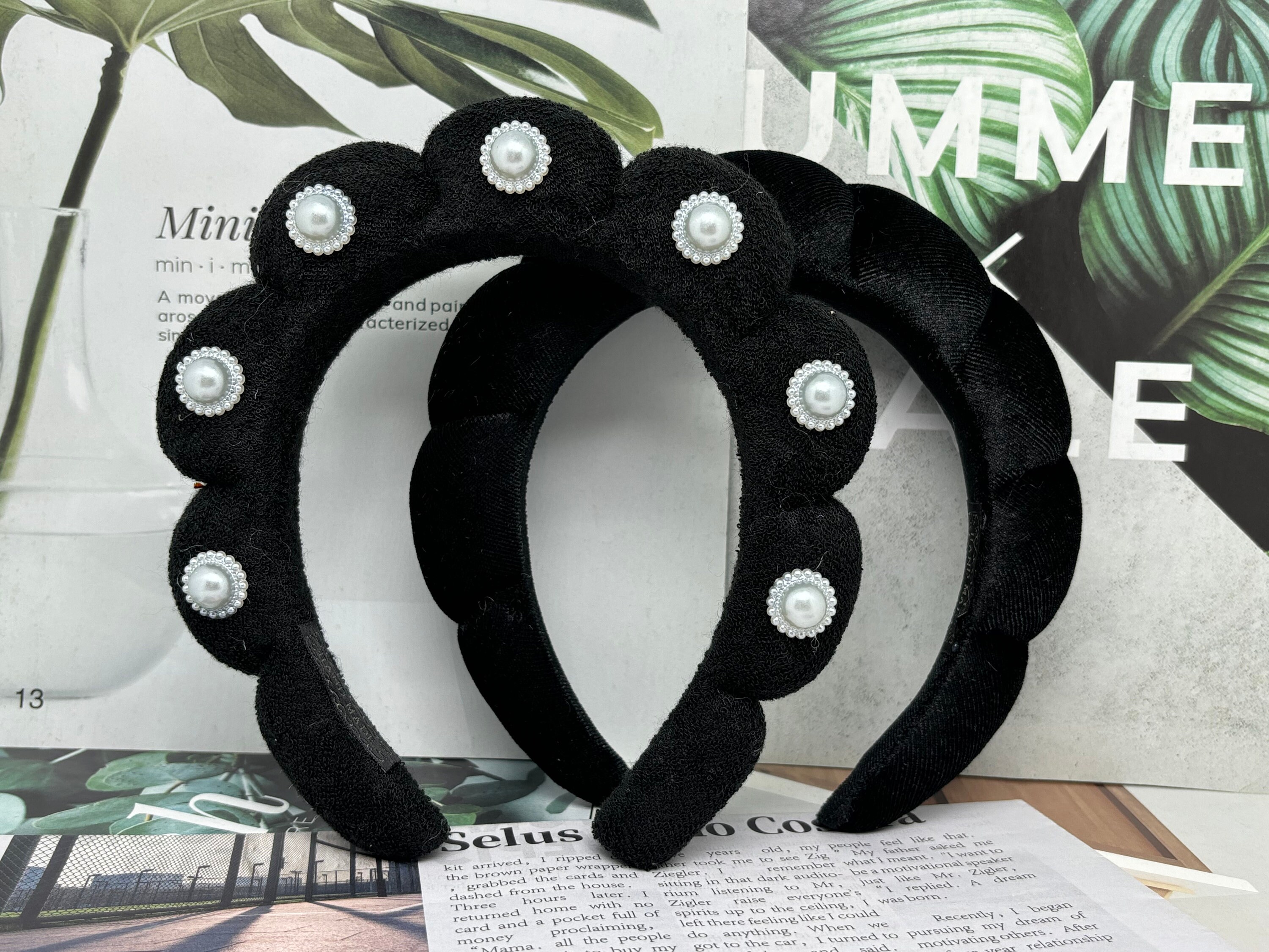 Velvet Padded Headband: Black Hairband With Pearls - Etsy display picture 1