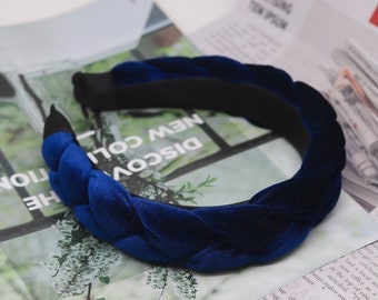 Navy Blue Velvet Braided Headband: Woven Hair Accessory
