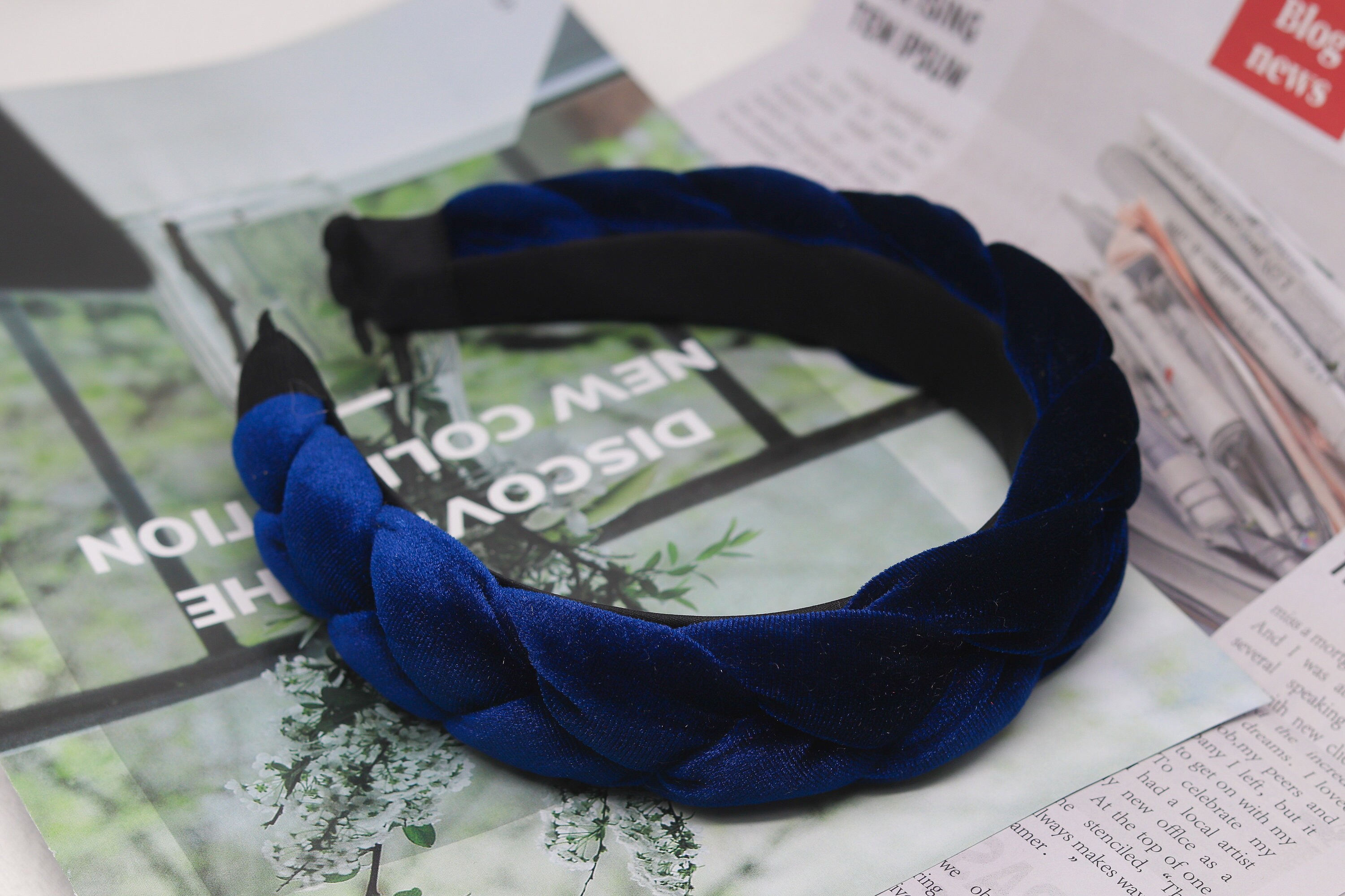 Navy Blue Braided Velvet Headband by femme faire Canada Navy Blue Velvet Wide Braided Headband,blackish Green Velvet  main image 3