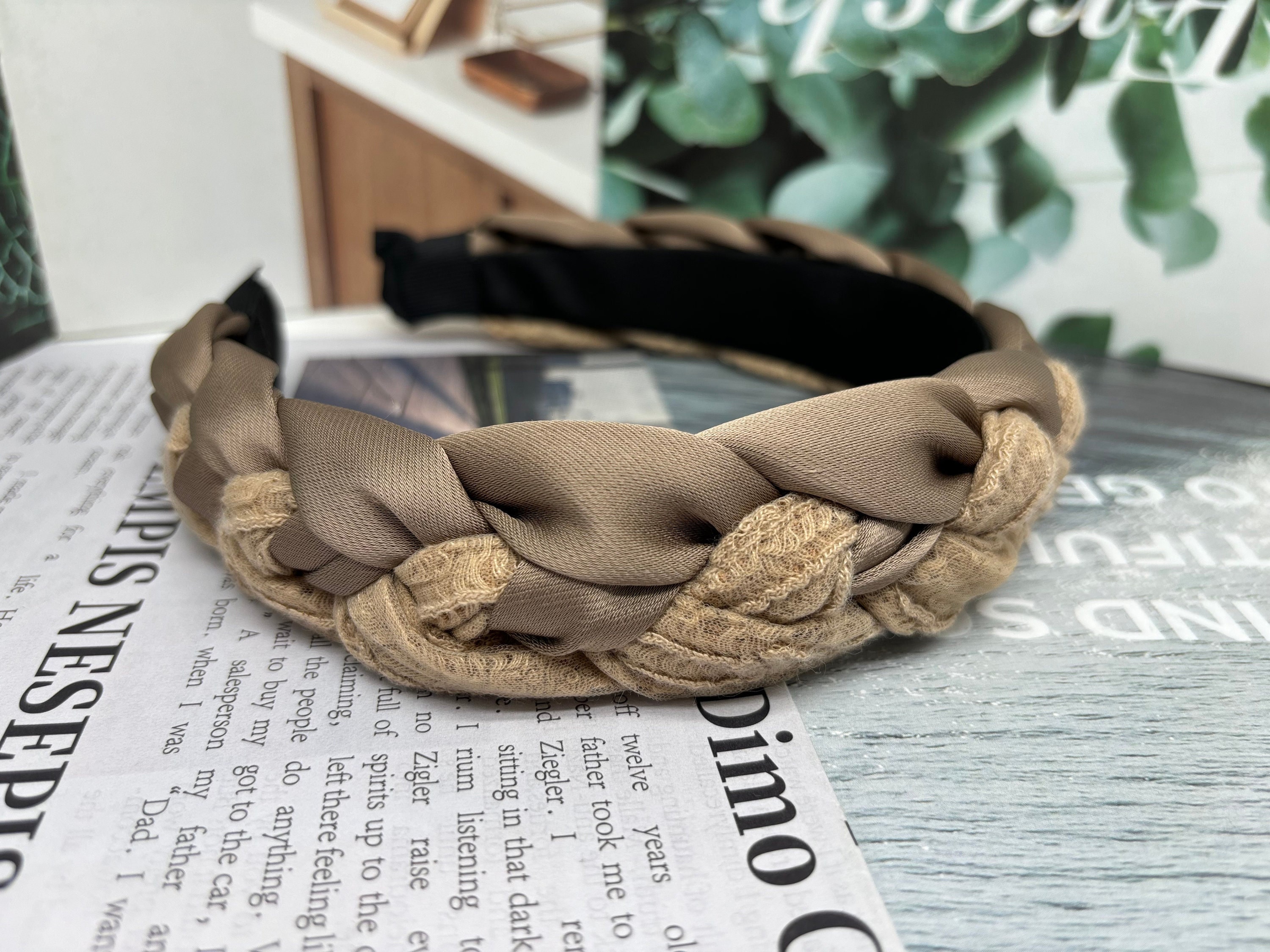 Beige Velvet Braided Headband: Wide Woven Plait Hairband - Etsy display picture 3