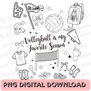 Könnte beinhalten: Schwarz-Weiß-Illustration mit Volleyball-Themen. Enthält einen Volleyball, ein Netz, einen Rucksack, ein T-Shirt, Schuhe, Knieschützer und ein Banner mit der Aufschrift "GO TEAM!". Der Text "Volleyball is my Favorite Season" ist ebenfalls vorhanden.