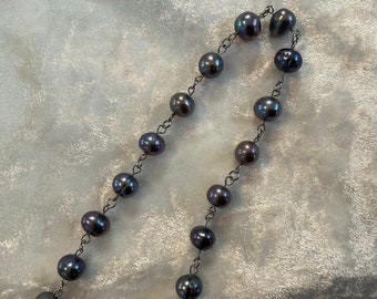 Genuine Pearl necklace 33” beaded link gems Peacock Dark Grey Round Potato Pearls Handmade by B G Morrow