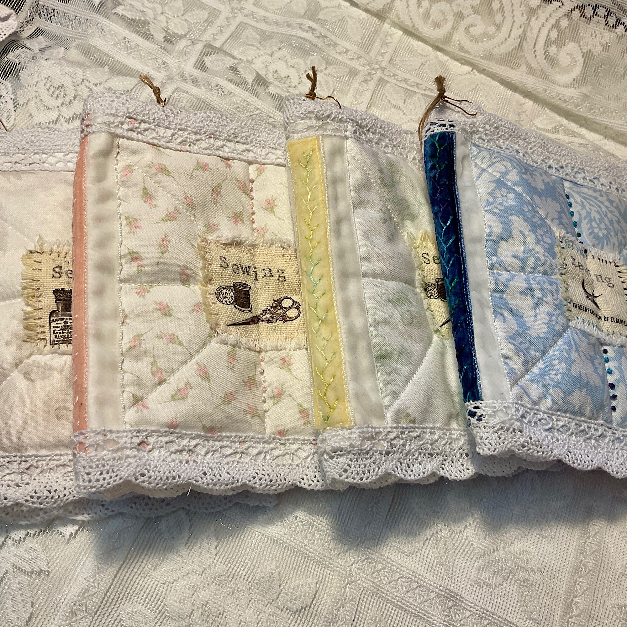 Handmade Needle Book Slow Stitched Shabby Chic embroidered fabric lace B G Morrow