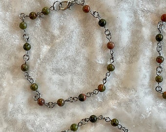 Beaded Link Bracelet Rainforest Jasper gemstone green Joy Handmade by B G Morrow