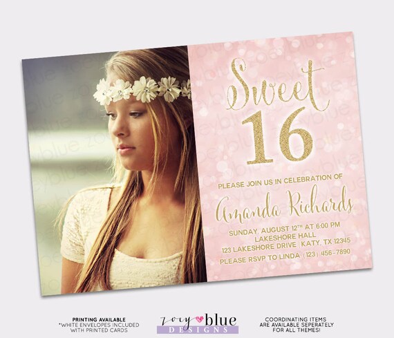 Sweet 16 Birthday Invitation Pink Gold Glitter Sweet Sixteen Bokeh