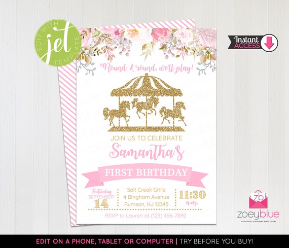 Pink & Gold Carousel Girl Birthday Invitation - Merry Go Round Pink Gold Invite - Pink Roses Floral Pony First Birthday Invite - Editable Il_570xn