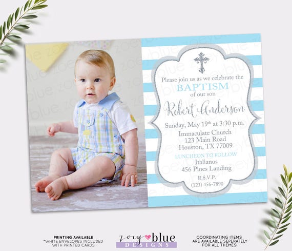 baby blue baptism invitation boy christening invite first communion