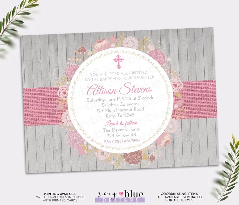 Pink Floral Girl Baptism Invitation Shabby Chic Rustic Burlap Etsy
