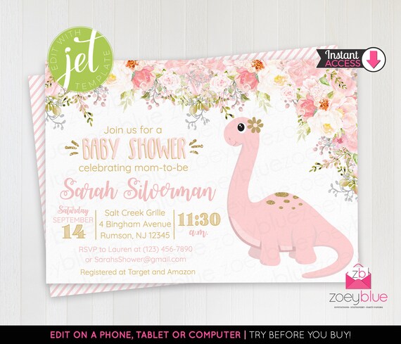 pink gold girl dinosaur baby shower invitation printable etsy