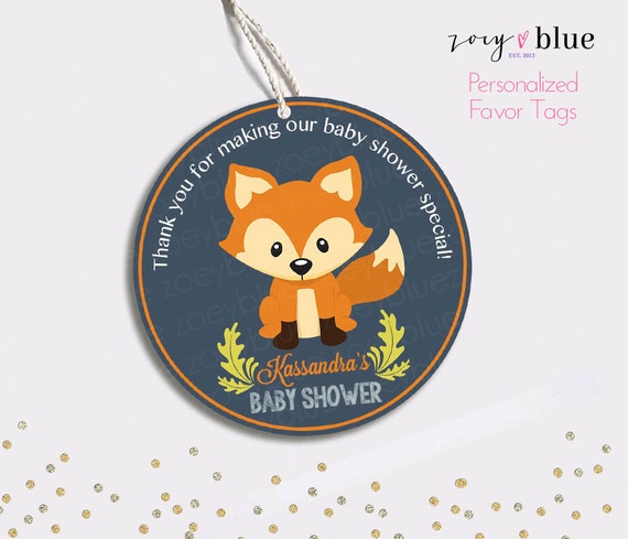 Fox Favor Tag - Woodland Birthday Animals Thank You Tags - Round Navy Fall Party Favors - Little Fox Baby Shower Gift Tags -Digital File Il_570xn
