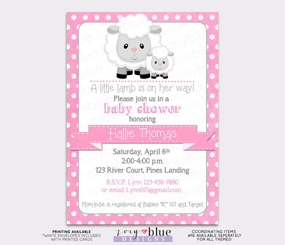 Lamb Baby Shower Invitation Girl Little Lamb White Pink Polka Dot